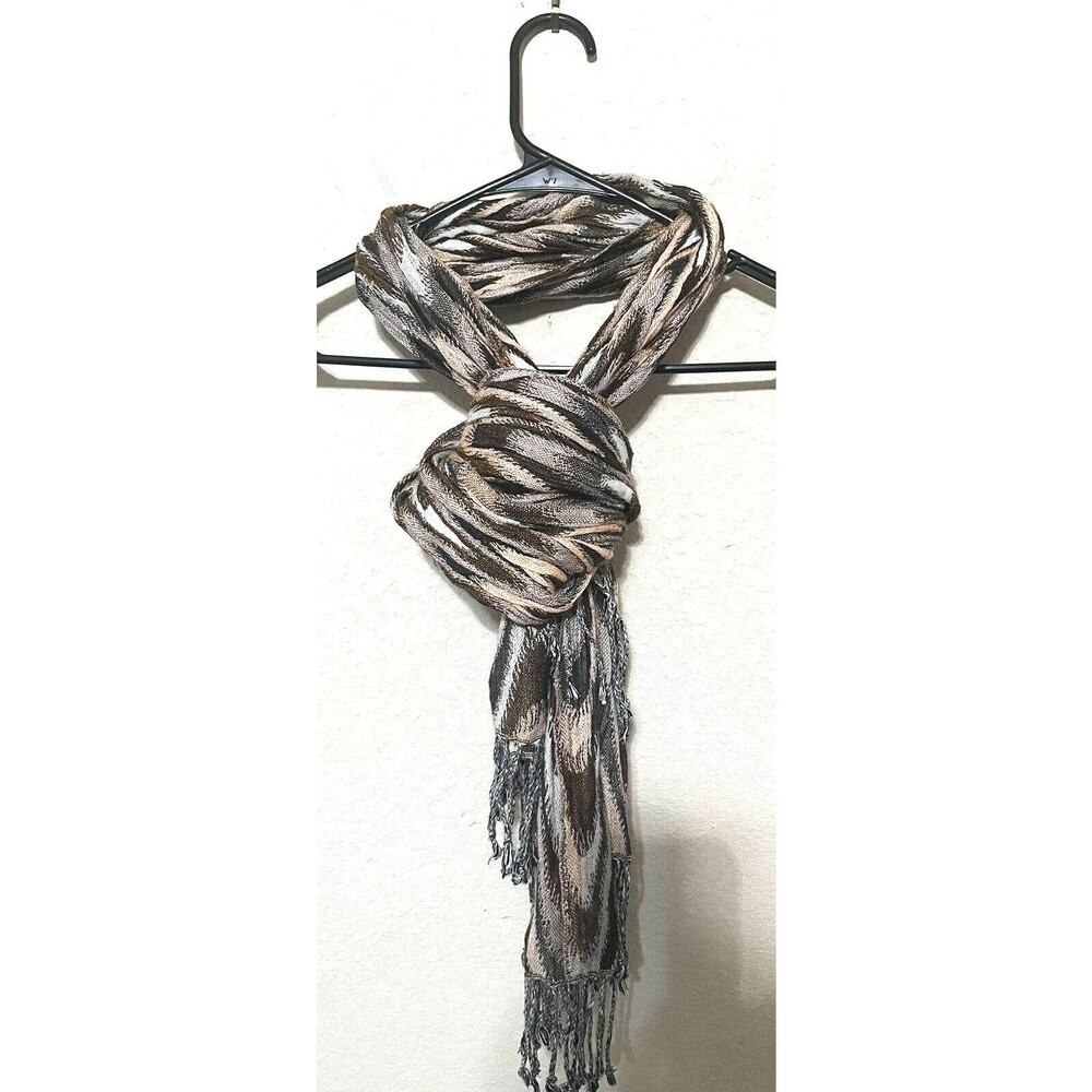 Shawlsmith‎ London Scarf Fringe Brown Neutral Print 84" x 12"- Viscose